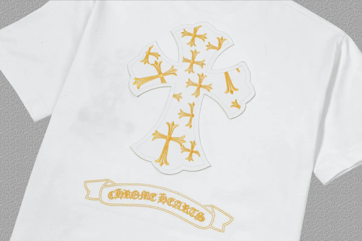 🅿️200 [CH Crow Heart] 2025FW short-sleeved T-shirt, patch embroidery, high-end 26s double yarn 300g fabric, heavy fabric, custom stretcher rib, same cylinder and dye, complete three standards, same style for men and women, color: black, white, size: S M L XL 2XL